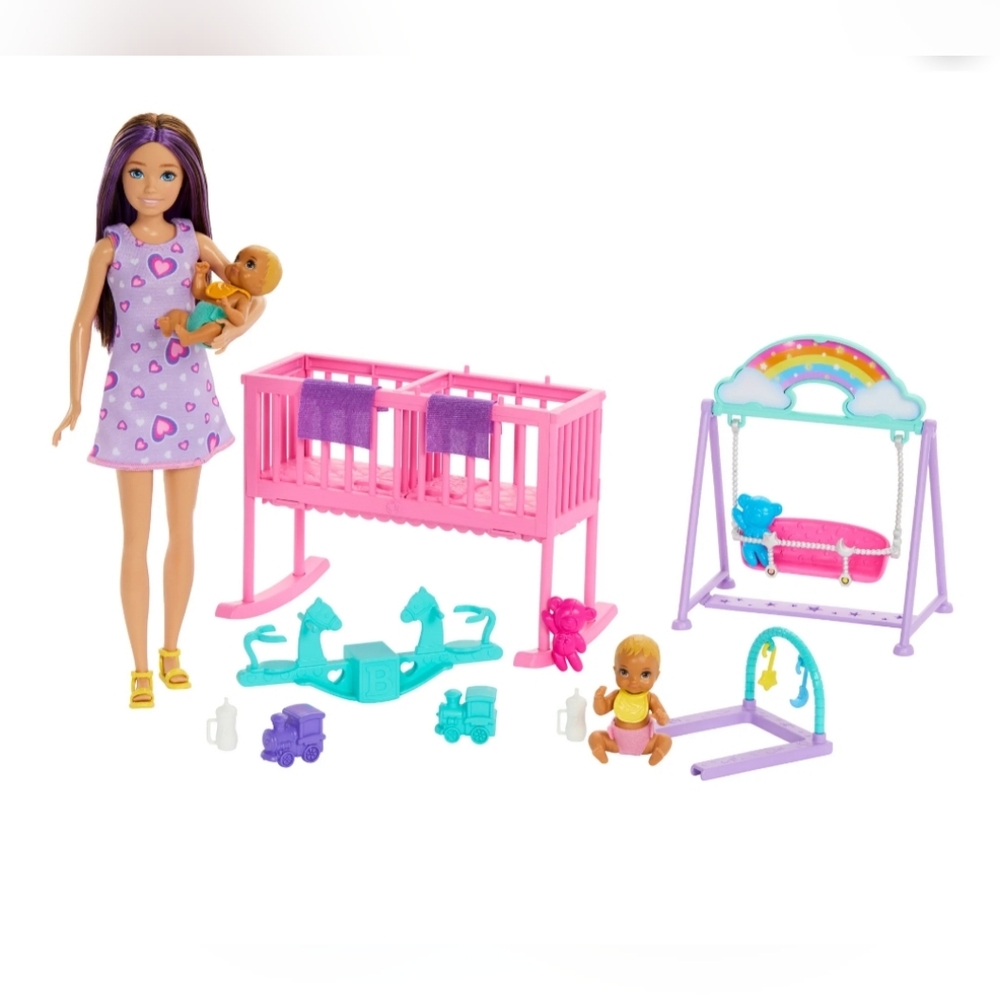 Barbie Skipper Babysitter Doll with Twin Nursery Playset with Crib, Accessories